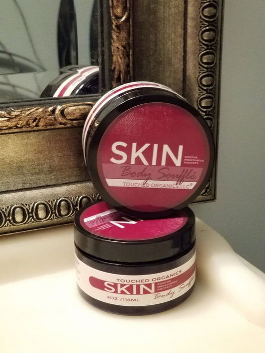 skin is touched organics body souffle an oil based cream specifially used to moisturize the driest of skin. 